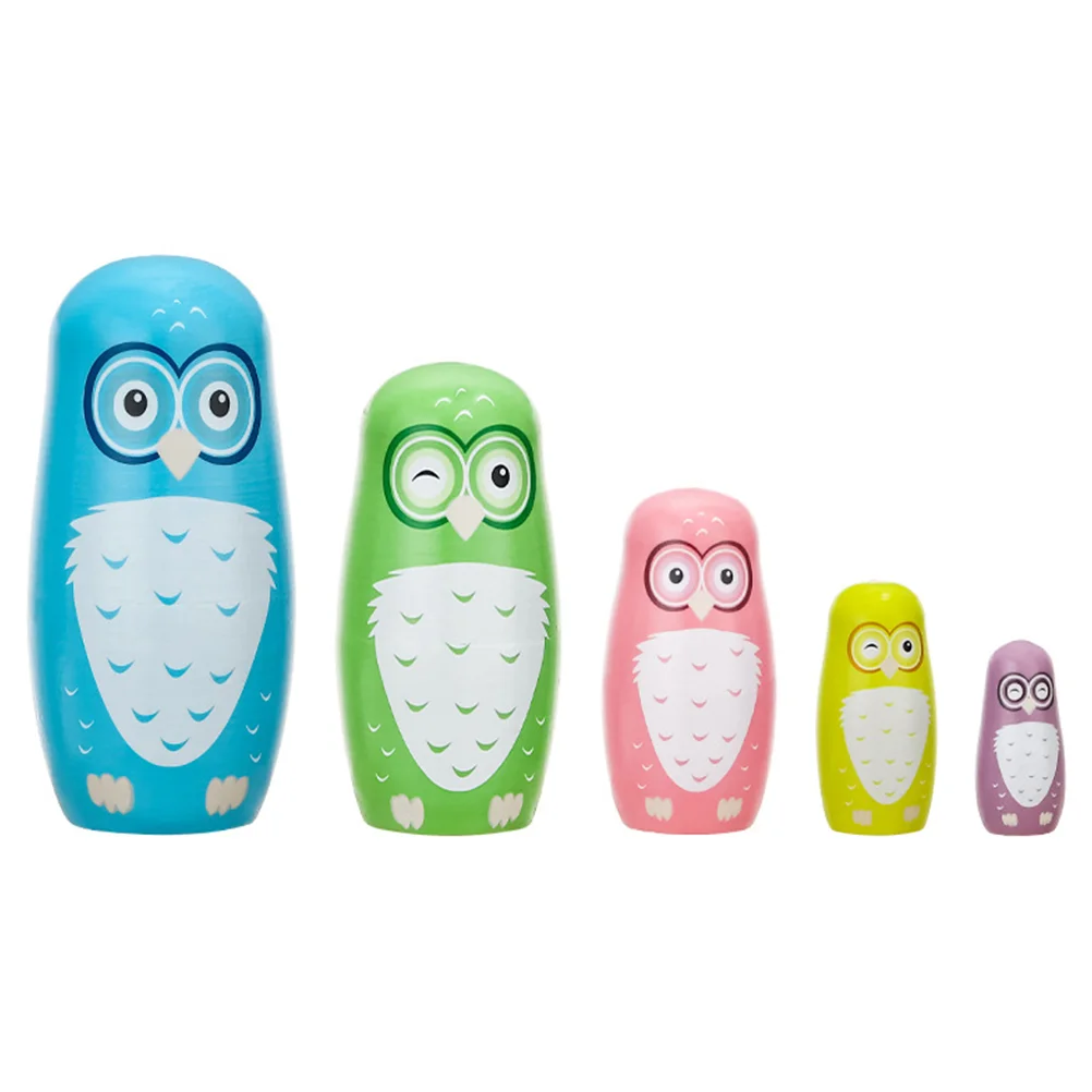 

5Pcs Owl Pattern Wooden Russian Nesting Dolls Matryoshka for Kids Decor