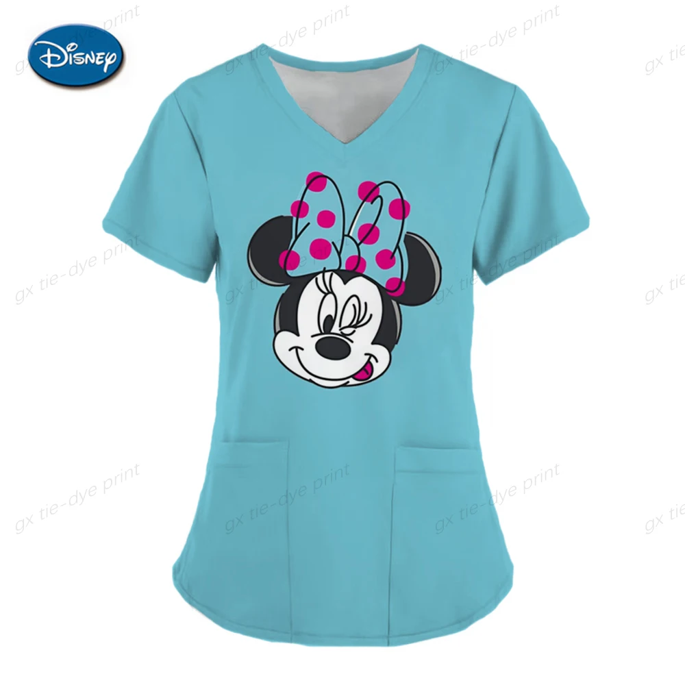 Cute Minnie Print Nurse Uniforms Scrub Tops Working Nurse Disney Mickey