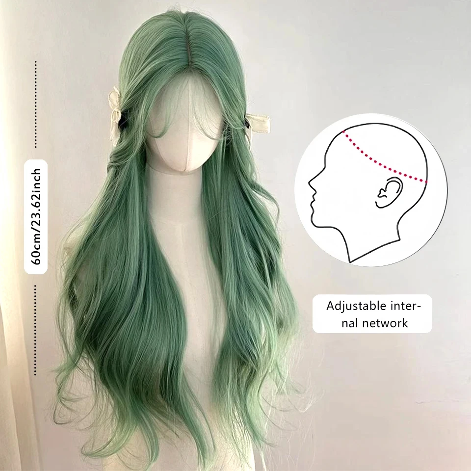 Green Synthetic Wavy Wig with Bangs for Women Daily Use