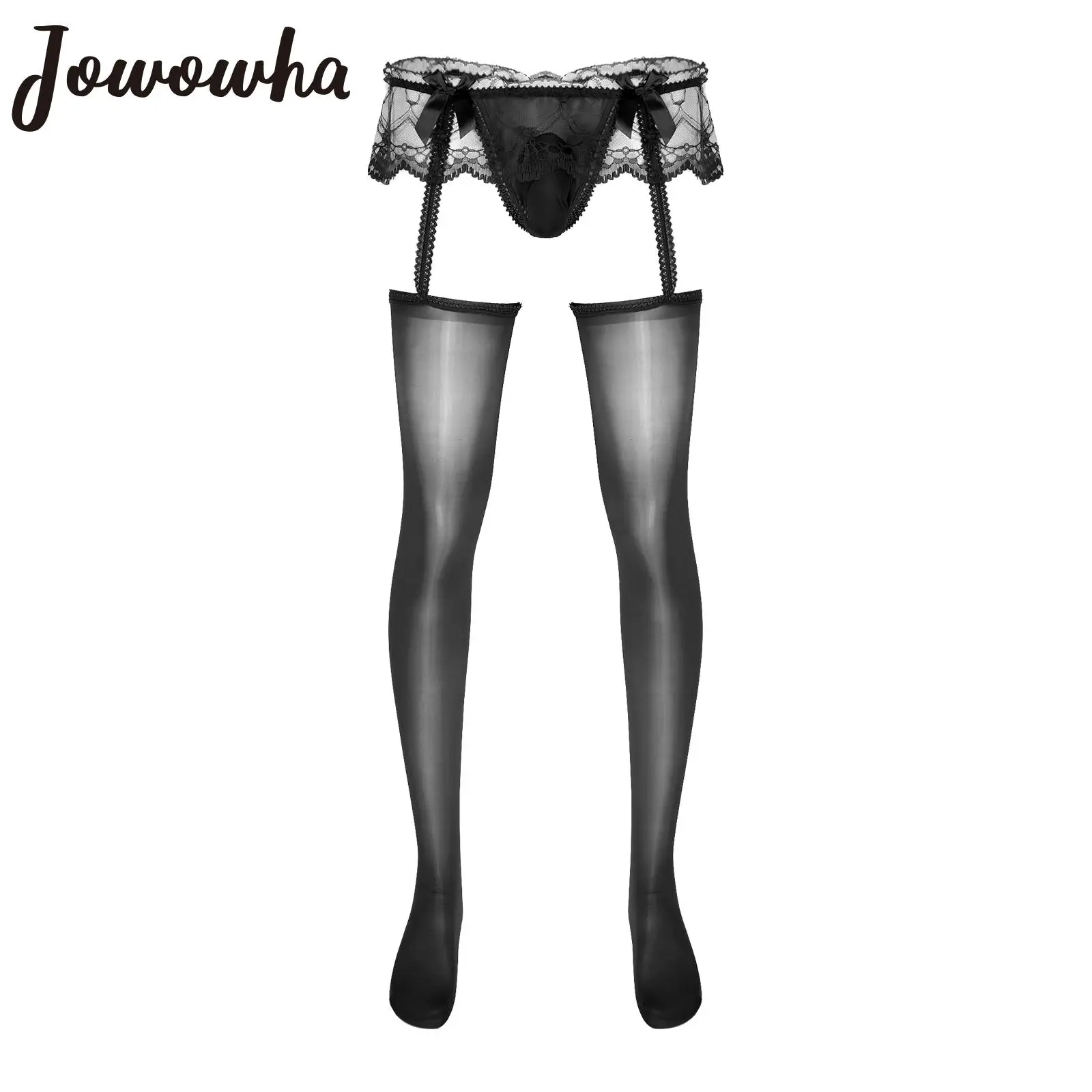 

Mens Sheer Lace Skirted Cutout Pantyhose Bulge Pouch G-String Glossy Garters Stockings Sissy Gay Sexy Exotic Leggings Nightwear