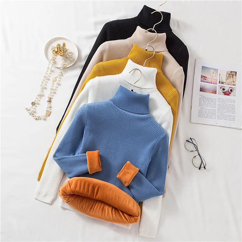 

Women Plus Velvet Turtleneck Female Sweater Solid Winter Warm Long Sleeve Sweater Casual Slim Knitted Pullovers Knitting Sweater