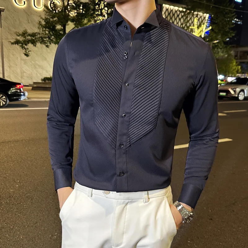 Men Dress Shirt Long Sleeve French Wing Collar 2023 Autumn Solid Color Casual White Black Shirt Fashion Social Banquet Tuxedo