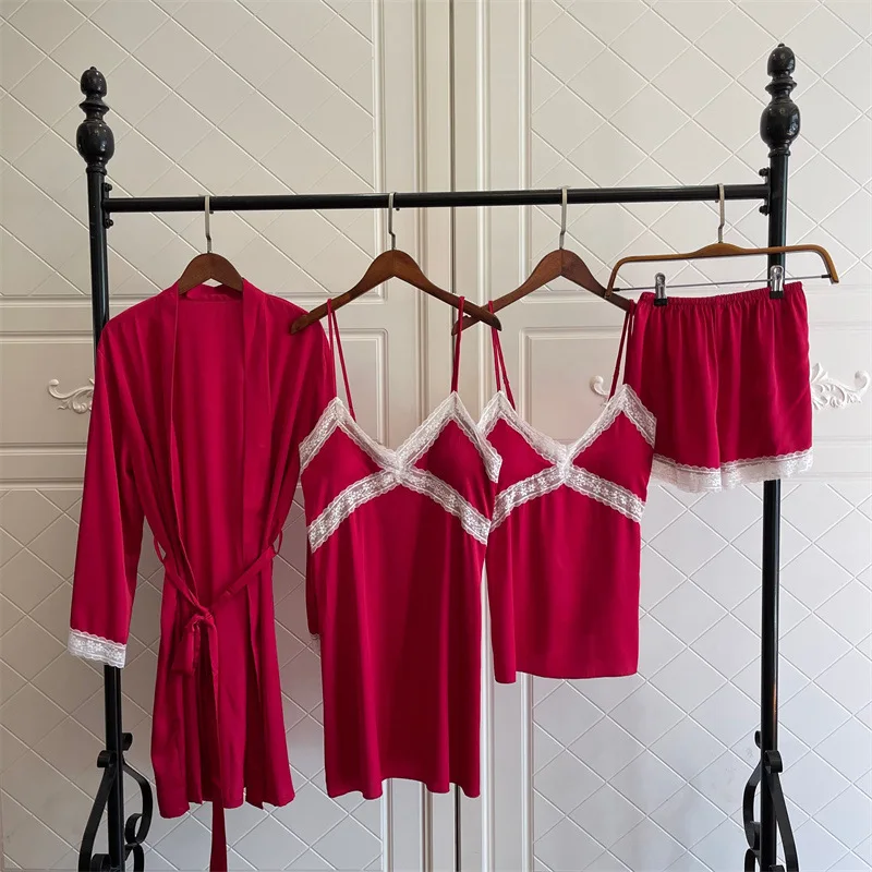 

Womens Red Satin Lace Pijama Home Nightie 4PCS Pajamas Set Sexy V-Neck Bathrobe Spring Sleepwear