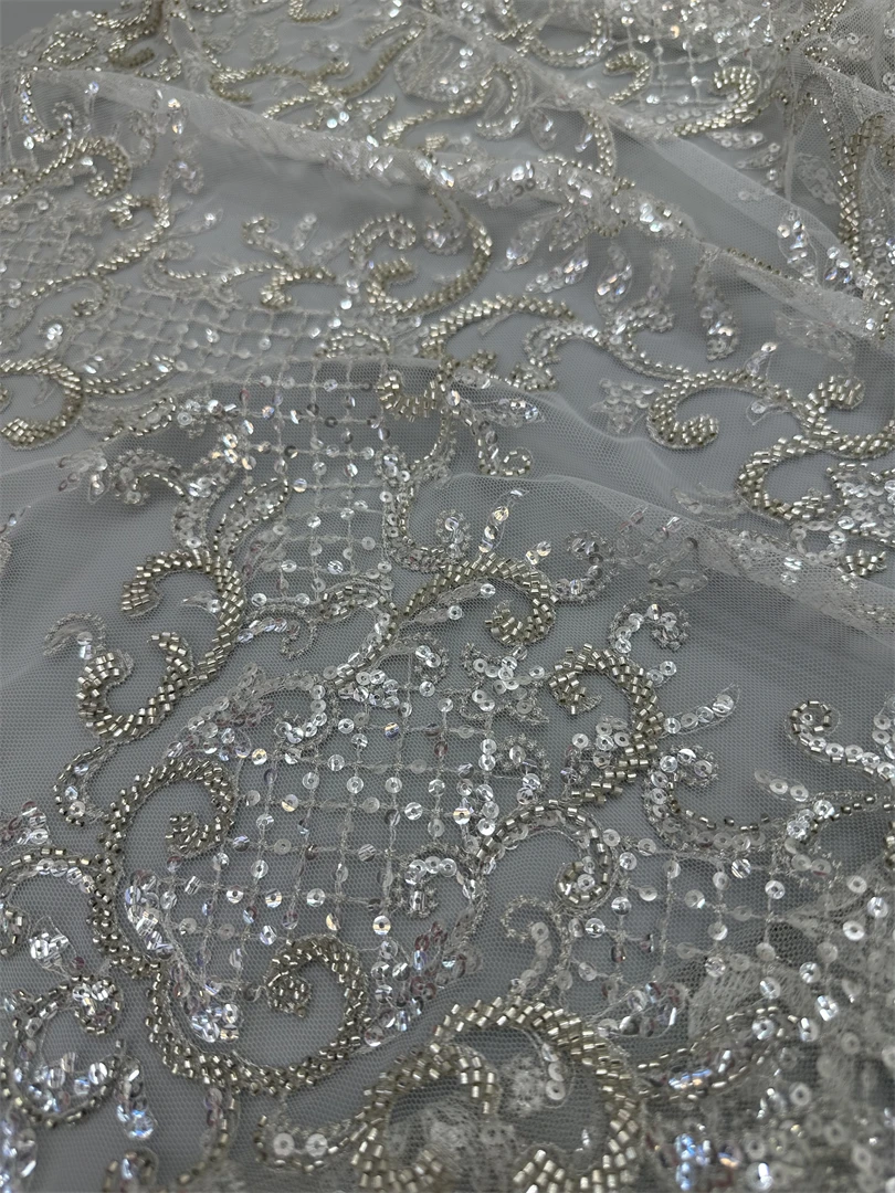 

Luxury L-1308402 Beaded Fabric Heavy Sequins Embroidery Fabric Fashion French Tulle Mesh Lace Fabric for Wedding