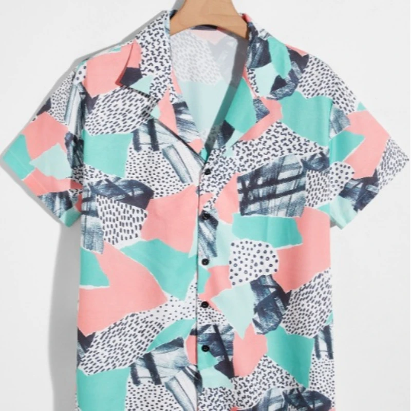 

Fashion Men Street Summer Daily Shirt Hawaiian Speckle Color Blocking Print Casual Shirts Short Sleeve Beach Loose Tops S-XL