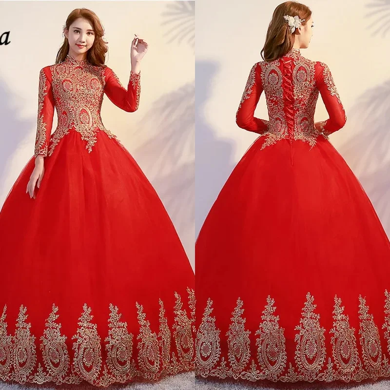 

Evening Dresses Muslim Red Tulle Gold Embroidery High Neck Full Sleeve Plus Size Women Party Formal Gowns Vestido de novia G095