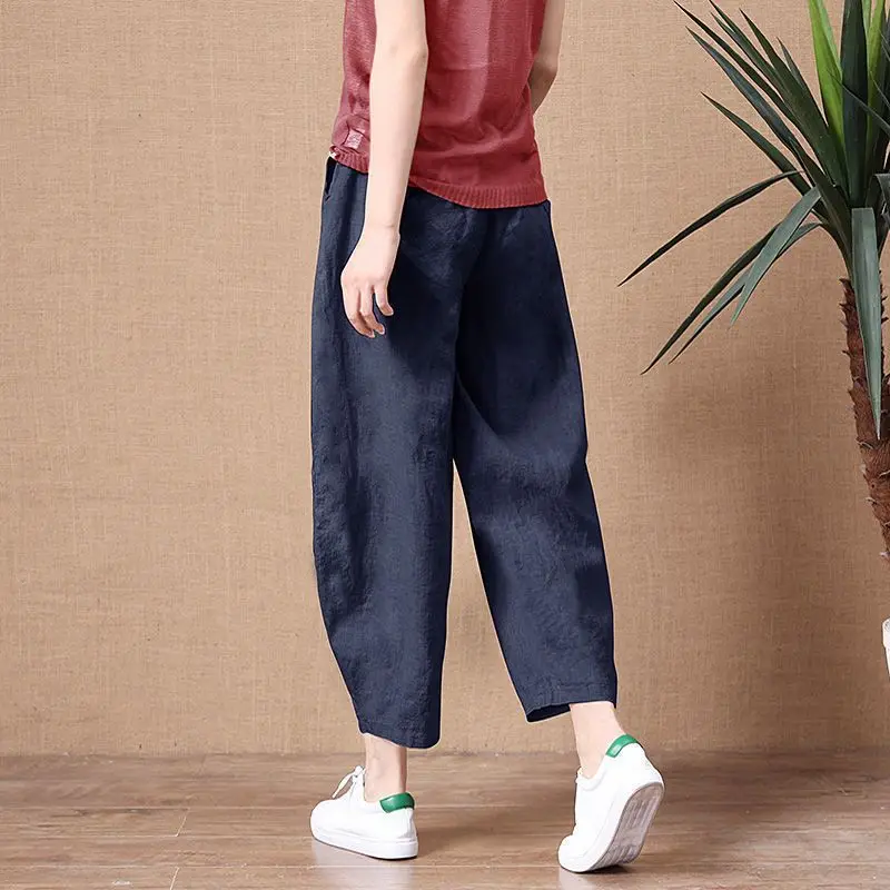 Loose Wide Leg Cotton Linen Pants High Waist Nine Points Women's plus Size Summer New Sle Casual Trousers Versatile Loose Fit 5