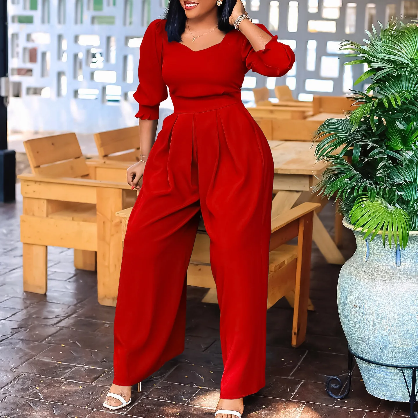 

Autumn Casua Solid Color Commute Chic Wide Leg Jumpsuit Elegant Women V-neck Long Sleeved Loose Long Jumpsuit Evening Clothing