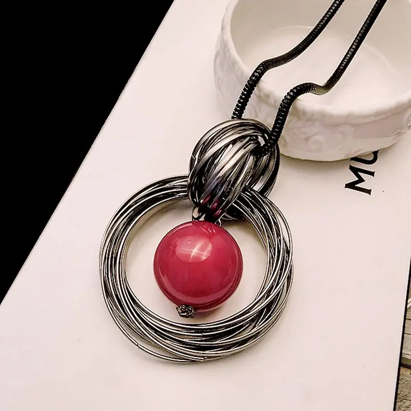 Ocean Red White Pearl Ball Pendant Long Necklace New Circles Simulated Women Black Chain Fashion Jewelry Wholesale Gift