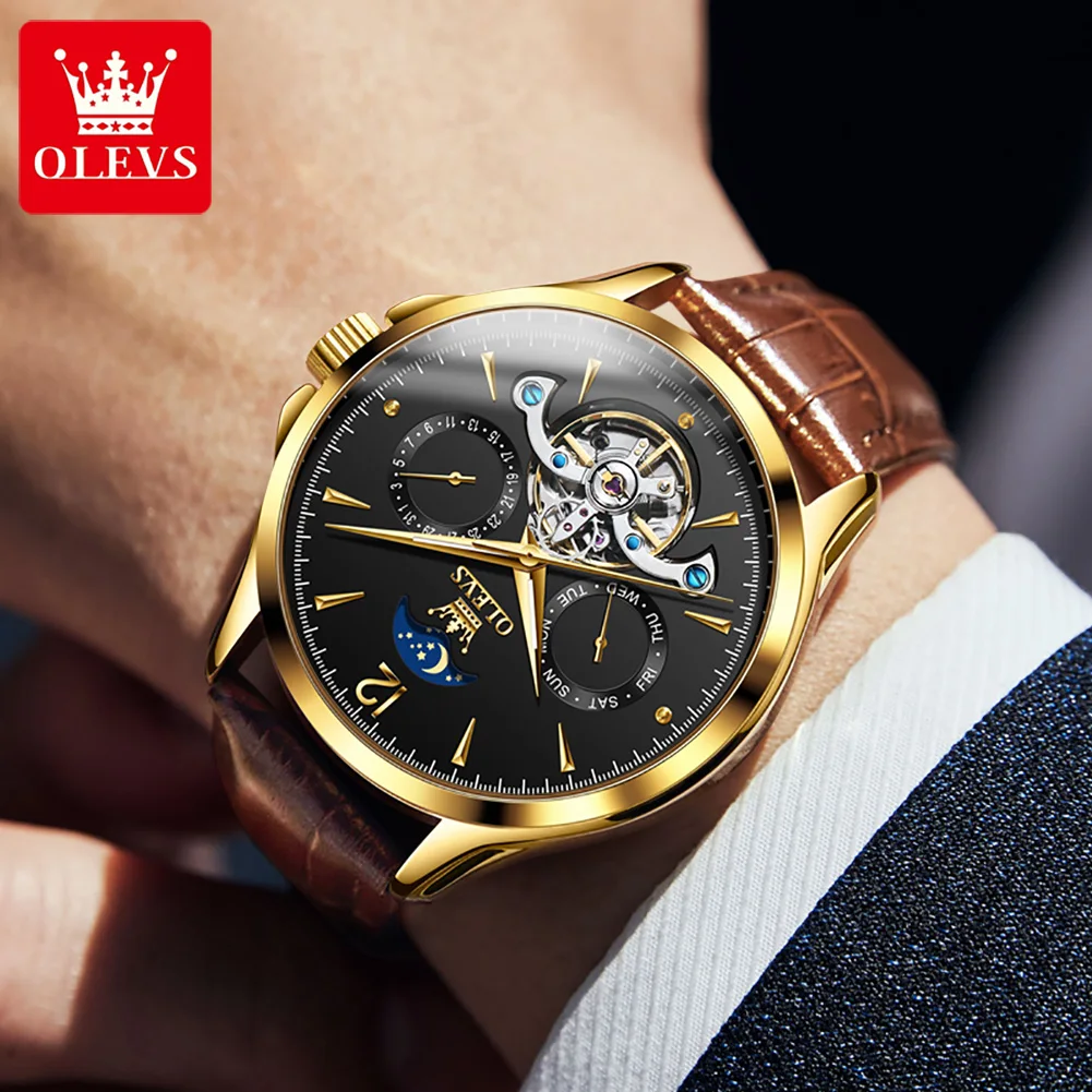 

OLEVS Top Brand Luxury Automatic Tourbillon Watches Men's with Luminous Moon Phase Leather Mechanical Wirstwatches Male Relogio
