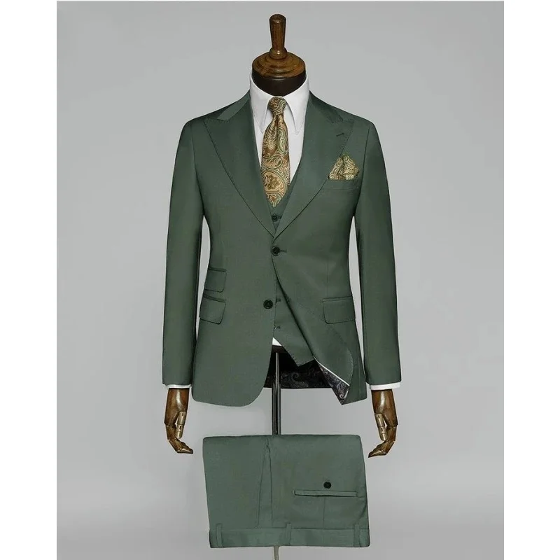 

Luxury Solid Men's Wedding Suits Green Color 3Pcs Jacket Pants Vest Office Wear Sets Blazer Trousers Fashion Slim Fit Business