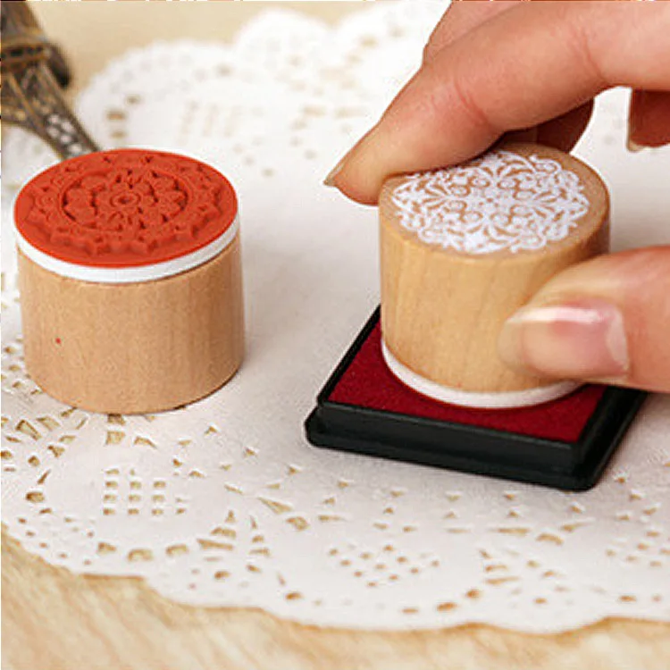 6pcs Wood Rubber Stamps Lace Round Wooden Stamp DIY Craft Scrapbooking Stamping Birthday Party Wedding Christmas Decoration
