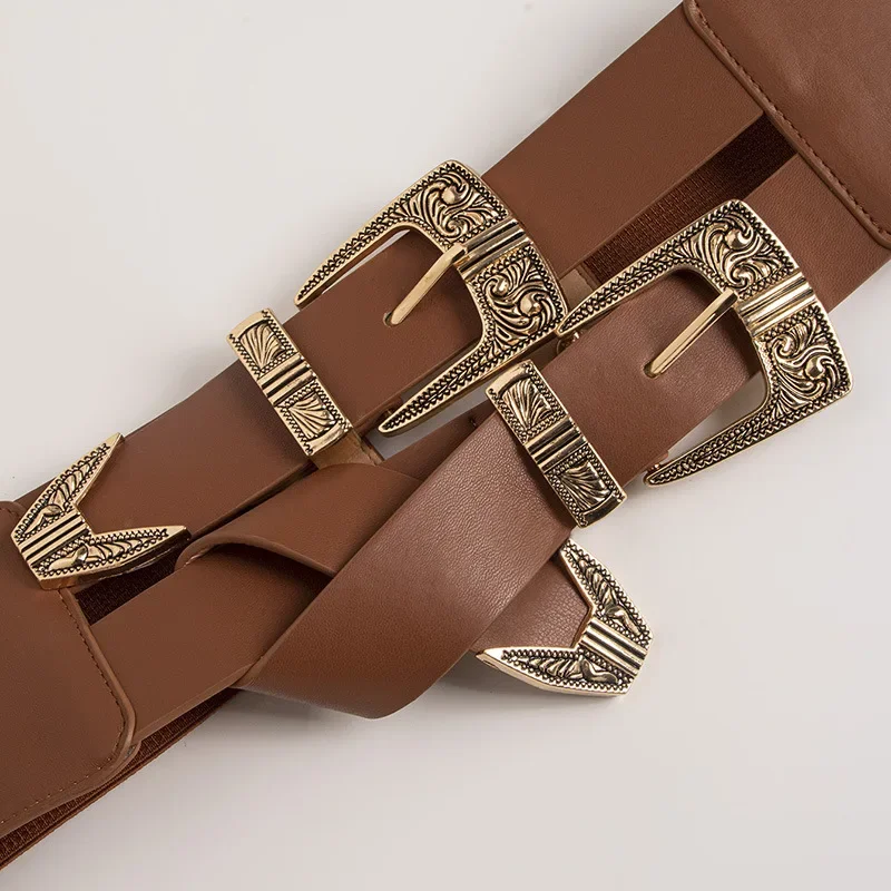 New Western Style Female Fashion Designer Carved Elastic Buckle with Adjustable Waistband and Elastic Waistband