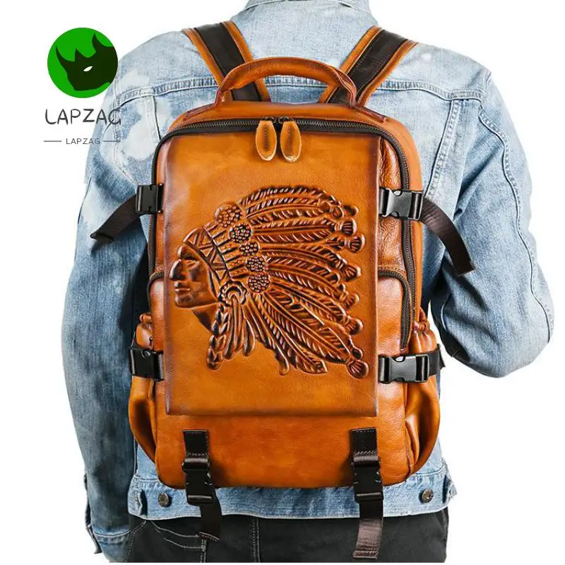 

Lapzag Huge Vintage Black/brown Genuine Leather Backpacks For Men large capacity Cowhide Backpack Embossed boys' Travel Bags