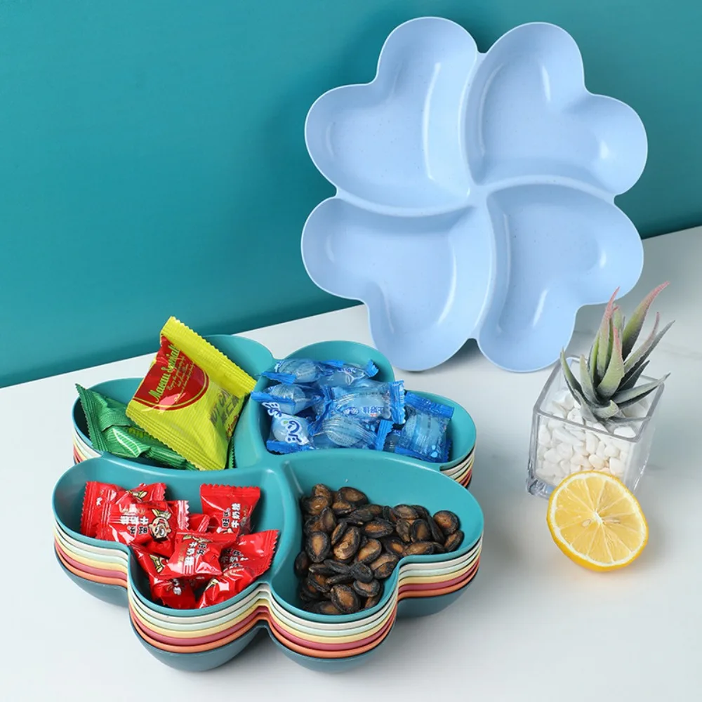 Wheat straw appetizer serving platter unbreakable 4-compartment food storage tray four leaf clover shape snacks serving wheat straw plates