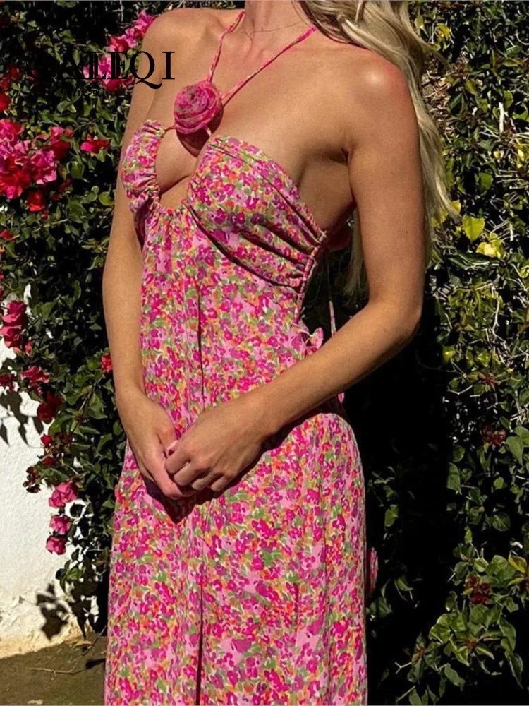 

Fashion Backless Floral Printed Halter Dress Women Sexy Hollow Out Flower Decoration Maxi Dresses Lady Beach Holiday Style Dress