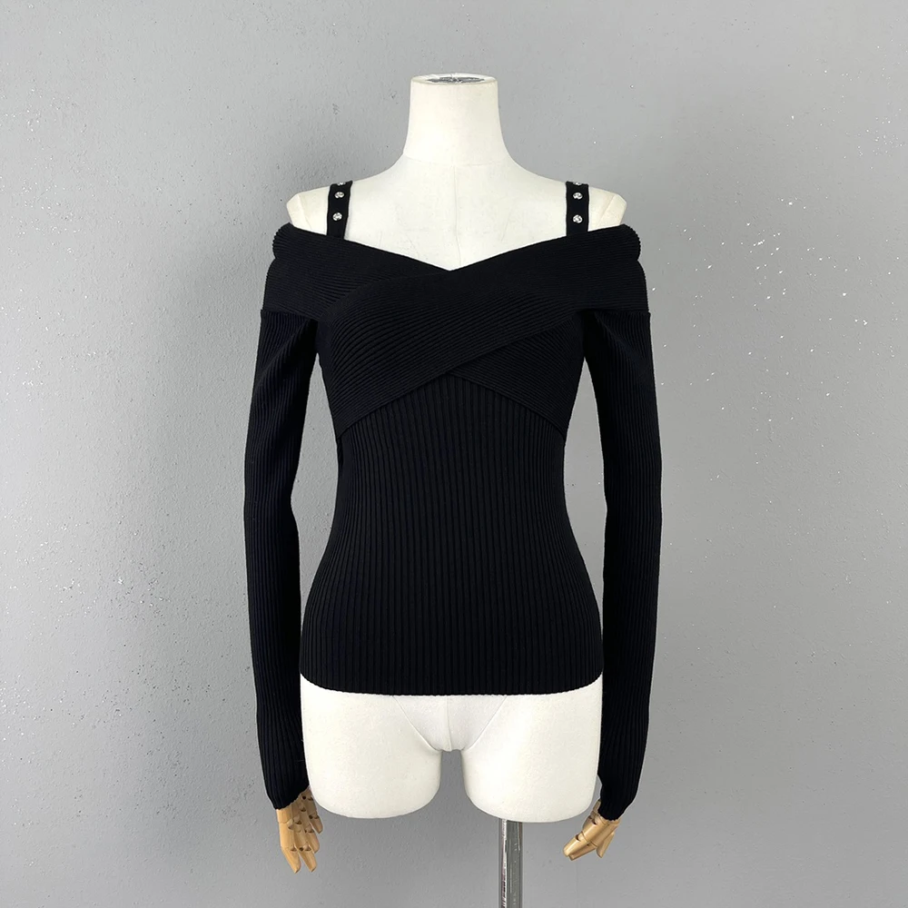 

2023 Autumn and Winter Women's New Plunge Knit Top y2k clothes Spice Girls Fashion Sexy Strapless Long Sleeve One-Shoulder Top