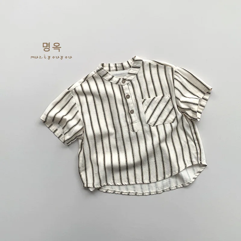 Spring Summer Children Shirts 1-8Y Boys Cotton Striped Pocket Casual Short Sleeve Tops Korean Toddler Wear For Kids Clothing New - Image 5