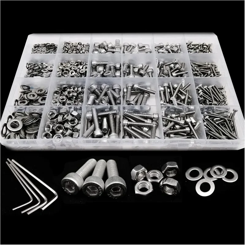Metric Machine Screw M1.6 M2 M2.5 M3 M4 M5 304 Stainless Steel Hexagon Hex Socket Cap Head Screw Bolt Nut Set 1140pcs Assortment