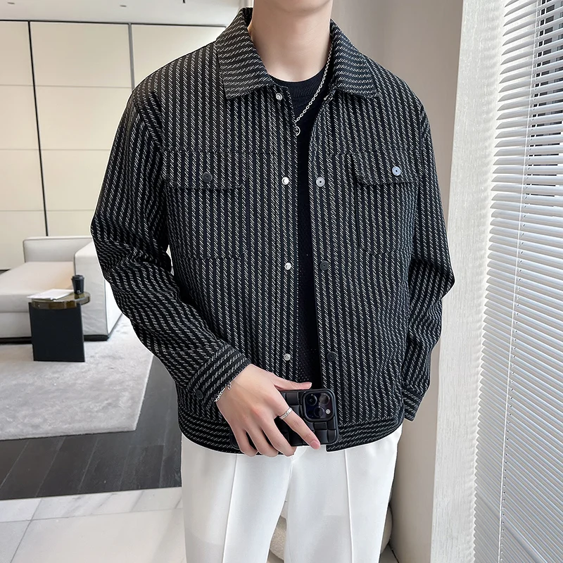 

Hot Sale Spring New Long Sleeve Striped Jackets For Men Clothing 2023 Simple Turn Down Collar Slim Fit Casual Short Coats Black
