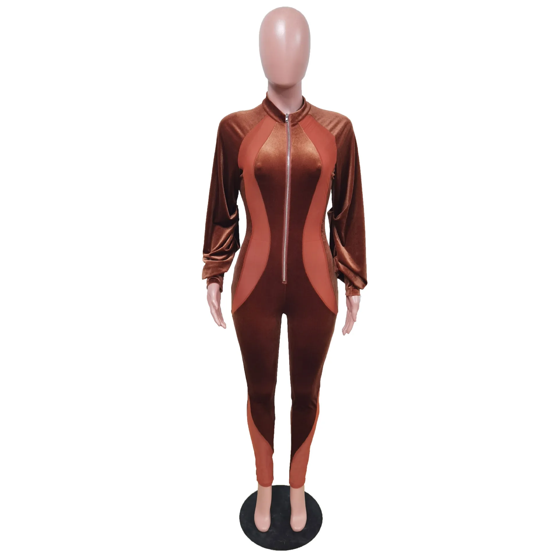 Women's Fashion Casual Sexy Solid Color Mesh Lantern Sleeve Bodysuit Spring Autumn Long Sleeve Lady Rompers