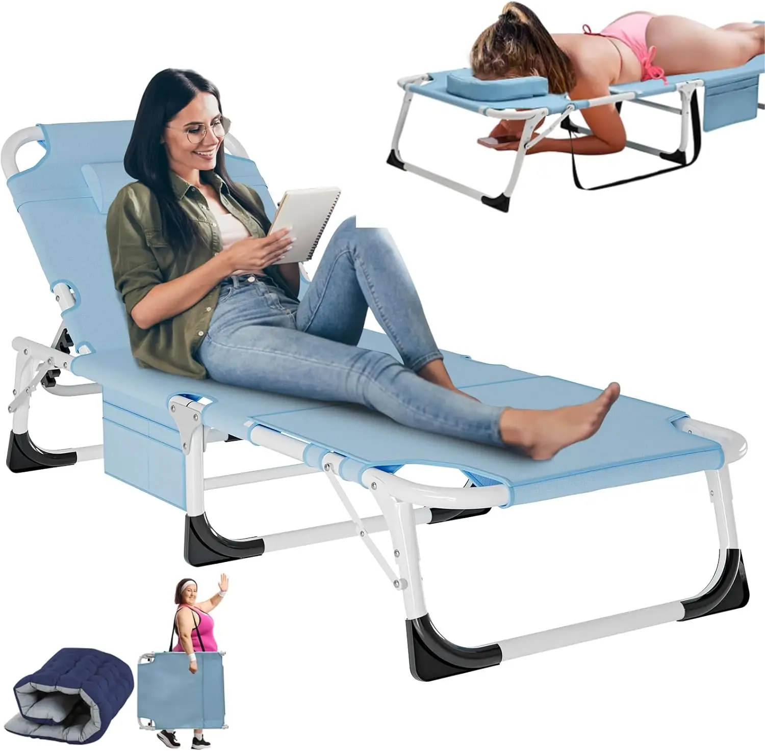 Folding Chaise Lounge Chair with Mattress, 5 Position Beach Chair with Face Hole, Patio Chaise Lounge Chairs for Outside
