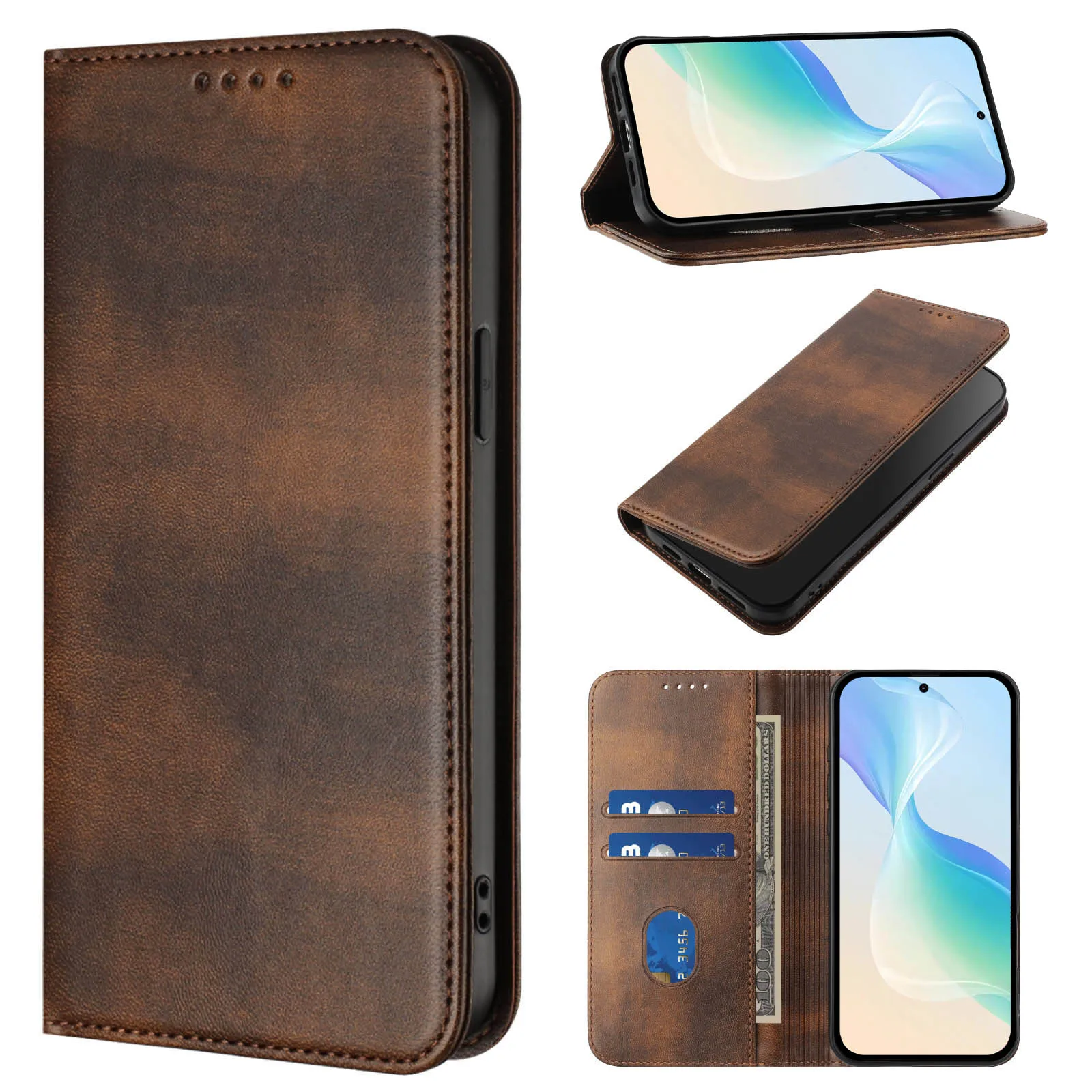 Leather Wallet Phone Case with Magnetic Holder and Card Slots - Anti-Scratch Design