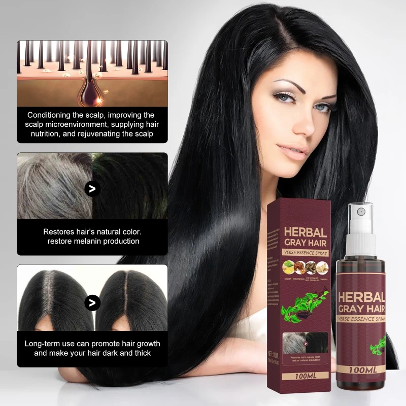 100ml Hair Darkening Spray Anti White Herbal Care Serum Blacken Hair Reduce Gray Scalp Nourish Glitter Spray