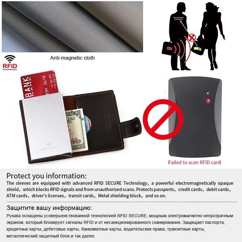 Crazy Horse Leather Men's Coin Purse RFID Business Pop Up Aluminum Card Holder Wallet Anti-theft Bank Cardholder Case