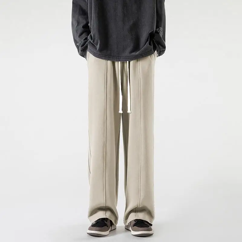 Autumn American High Street Trendy Straight Sports Casual Pants Men's Solid Drawstring Pockets Patchwork Loose Wide Leg Trousers