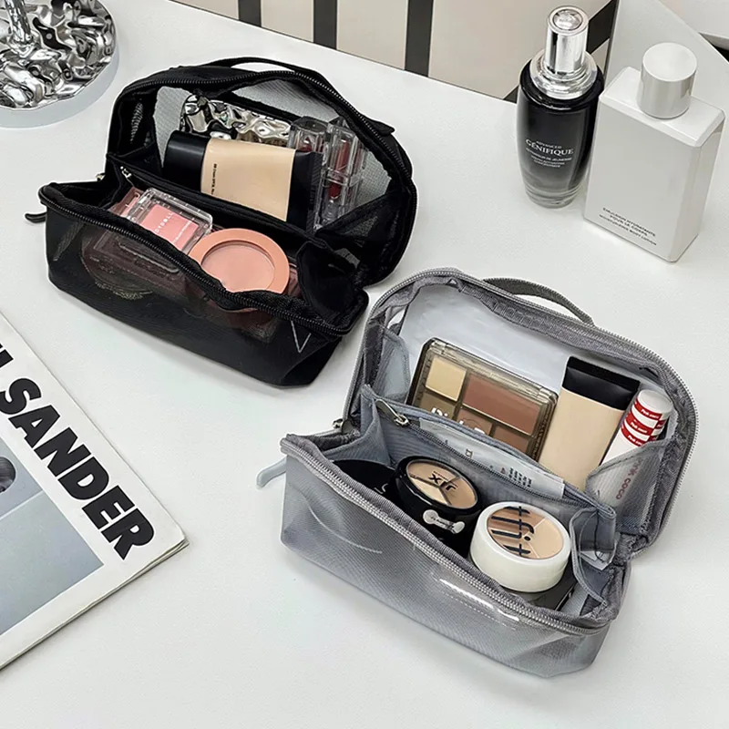 Double Layer Travel Cosmetic Bag Large Capacity Mesh Makeup Bag Makeup Storage Pouch Travel Toiletries Cosmetic Storage Bags 4