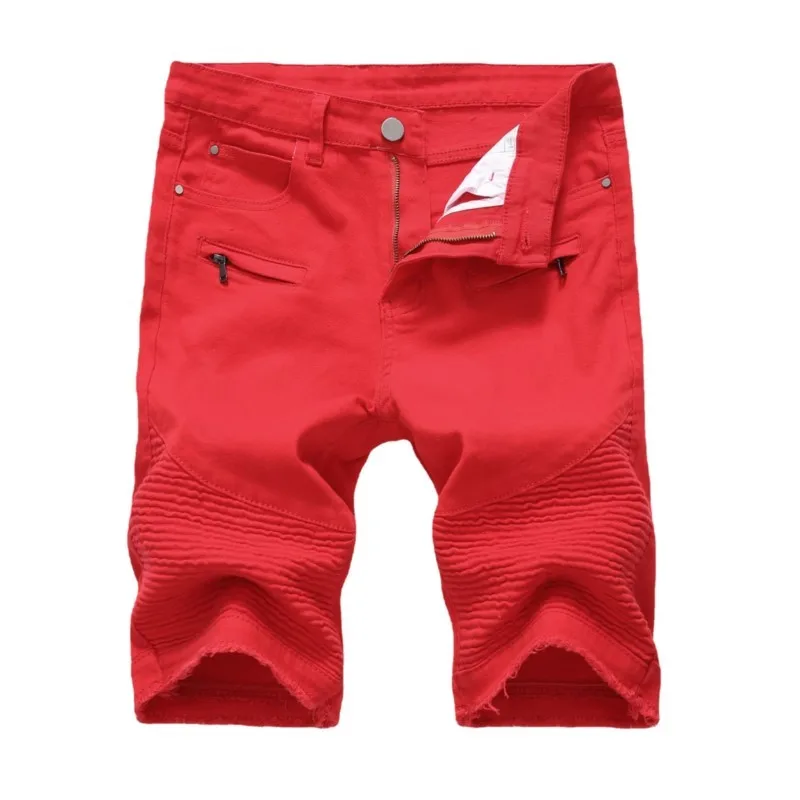 Mens Denim Shorts Zipper Elastic Pleated Slim Ripped Short Jeans