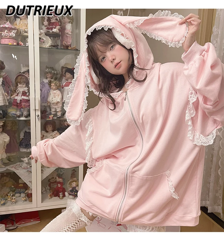 

Sweet Girl Rabbit Ears Lace Hoodie Coat Female 2024 Spring Autumn New Long-Sleeved Pink Zipper Cardigan Outerwear Sweatshirt