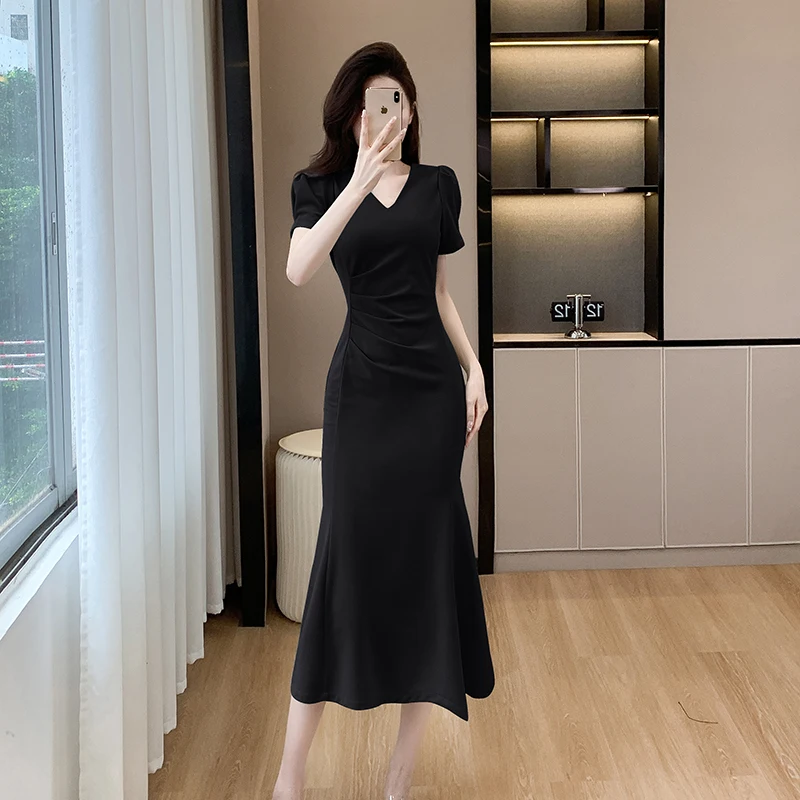 open lace back dress Women Chic and Elegant Casual Evening Party Dresses V-Neck Short Sleeve  Vintage Office Dress Black S at Amazon Women's Clothing store