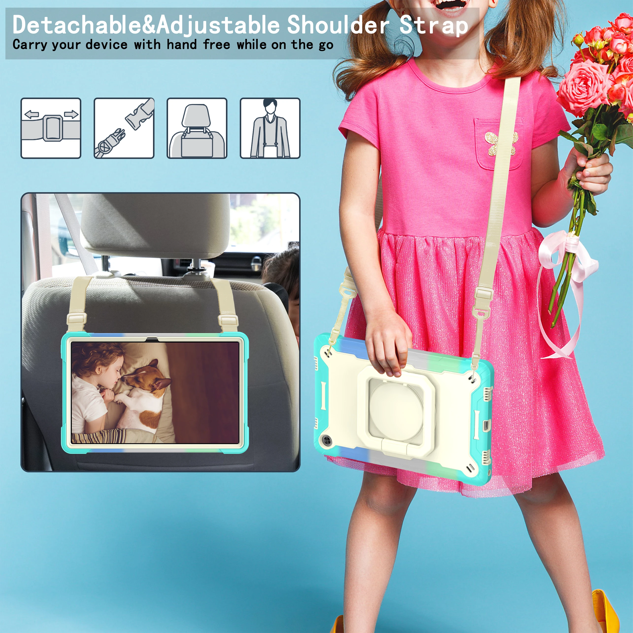 Durable 360° Swivel Stand Tablet Case with Shoulder Straps, Drop & Shockproof Design