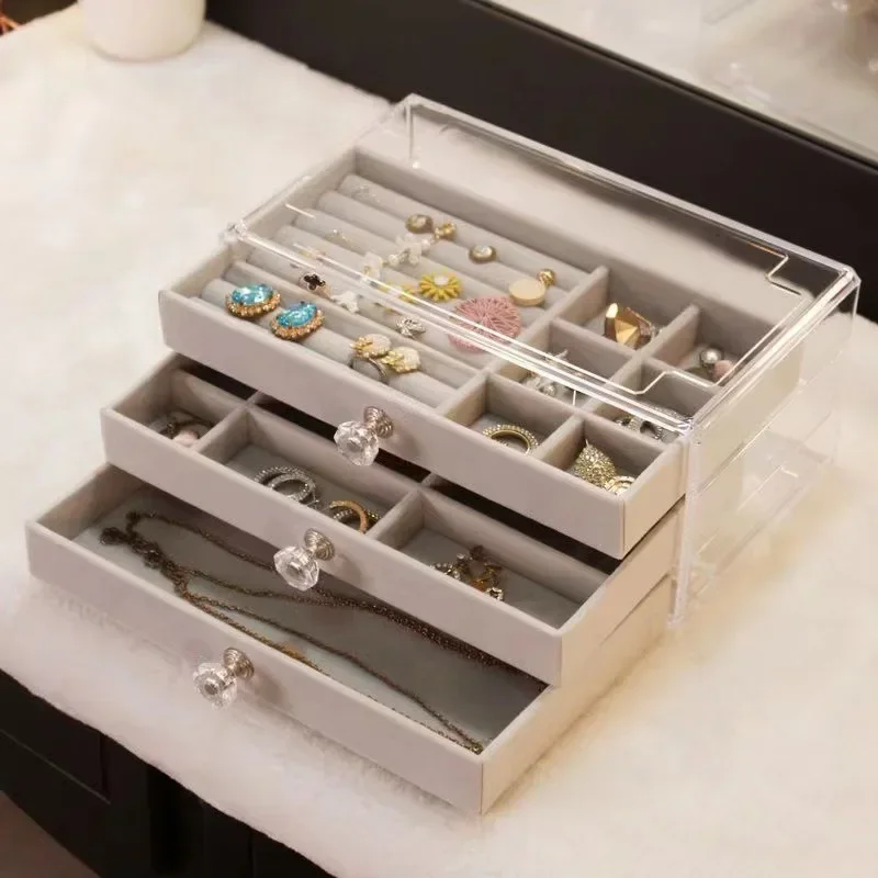 Jewelry Organizer Velvet Acrylic 3 Drawers Stackable Display Storage Earrings Necklace Bracelets Box Holder Case For Women