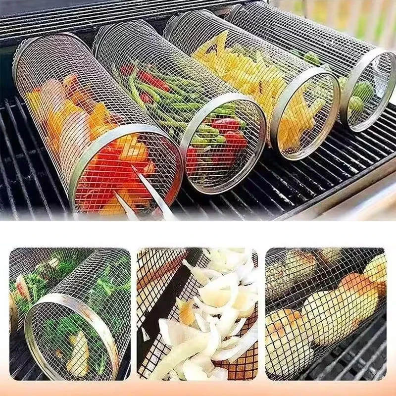 BBQ Basket Stainless Steel Rolling Grilling Basket Wire Mesh Barbecue Cage Portable Round Outdoor Camping Barbecue Rack