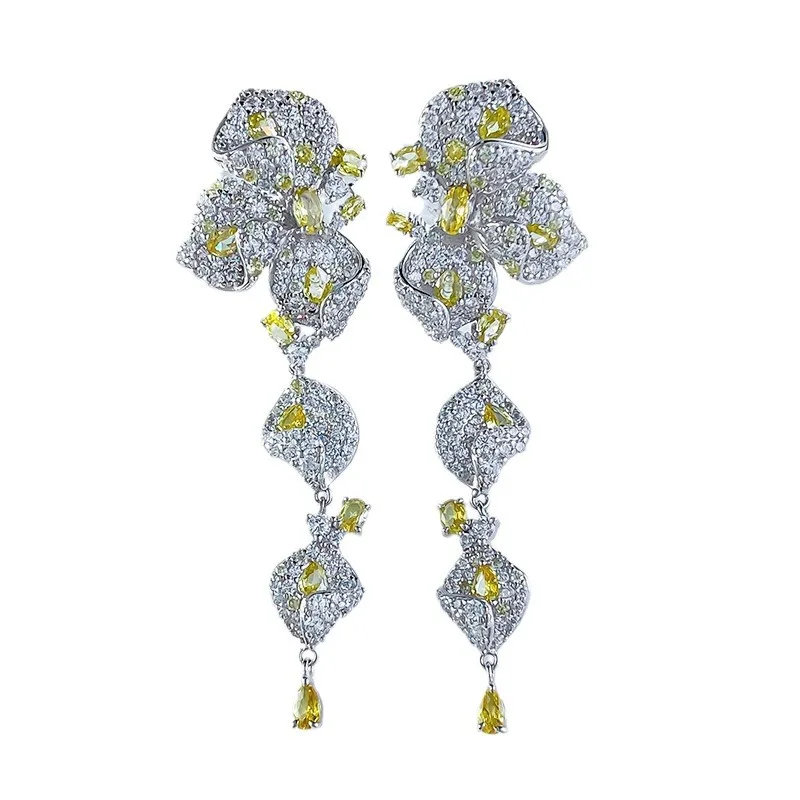 

S925 Silver Ear Studs Rhododendron Luxury Set with 3 * 5mm Yellow Zircon Stone Versatile Ear Studs Boutique Jewelry for Women