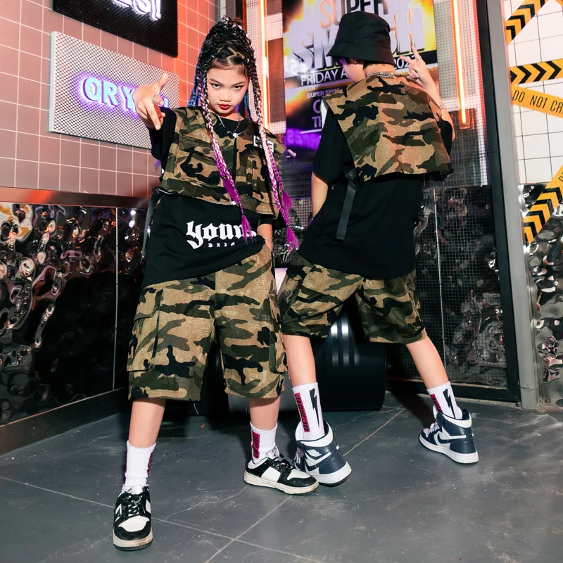 

Kids Boys Hip Hop Costume Girls Streetwear Camouflage Vest Short Pants Suits Children Vest Shorts Sets Performance Dance Clothes