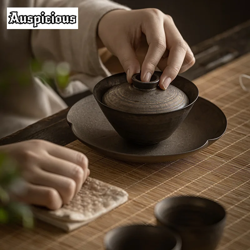 Handmade Iron Rust Glazed Gaiwan 140ml Japanese Coarse Pottery Tea Tureen Tea Maker Cover Bowl Chinese Set Accessories Craft