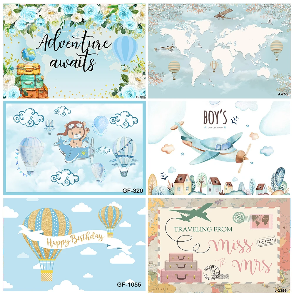 Adventure Travel Theme Famous Architecture World Map Birthday Party BabyShower Decor Hot Balloon Airplane Child Photo Background