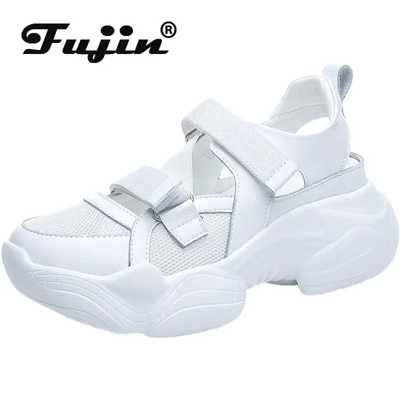 

Fujin 7cm Air Mesh Genuine Leather Women Breathable Sandals Chunky Sneakers Summer Daddy Thick Soled Ins Platform Wedge Shoes