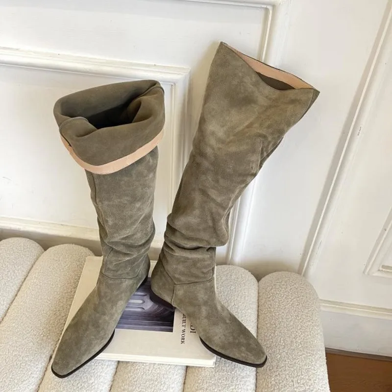 

Woman Boots Knee- High Boots Lady Slip On Simple Design Cow Suede Daily Botas Wide Calf Spring Autumn Casual Slouchy Boots