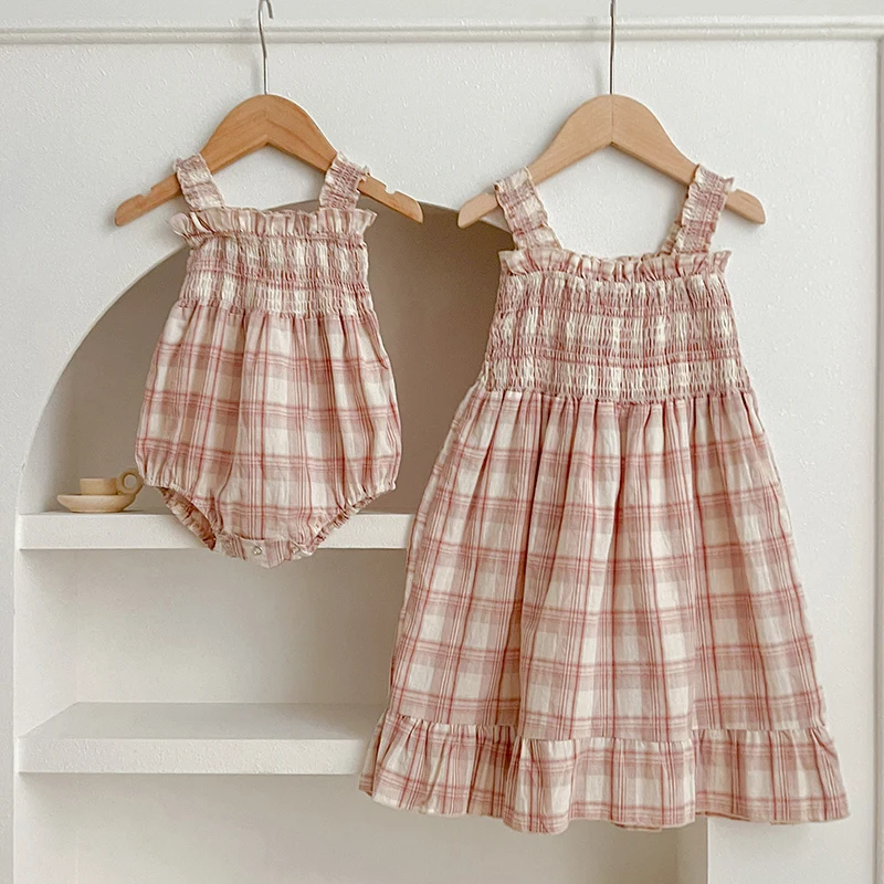 

2024 New Summer 2-6Yrs Girls Princess Dress Sisters Clothes Sleeveless Cotton Plaid Kids Party Dress Toddler Baby Bodysuits