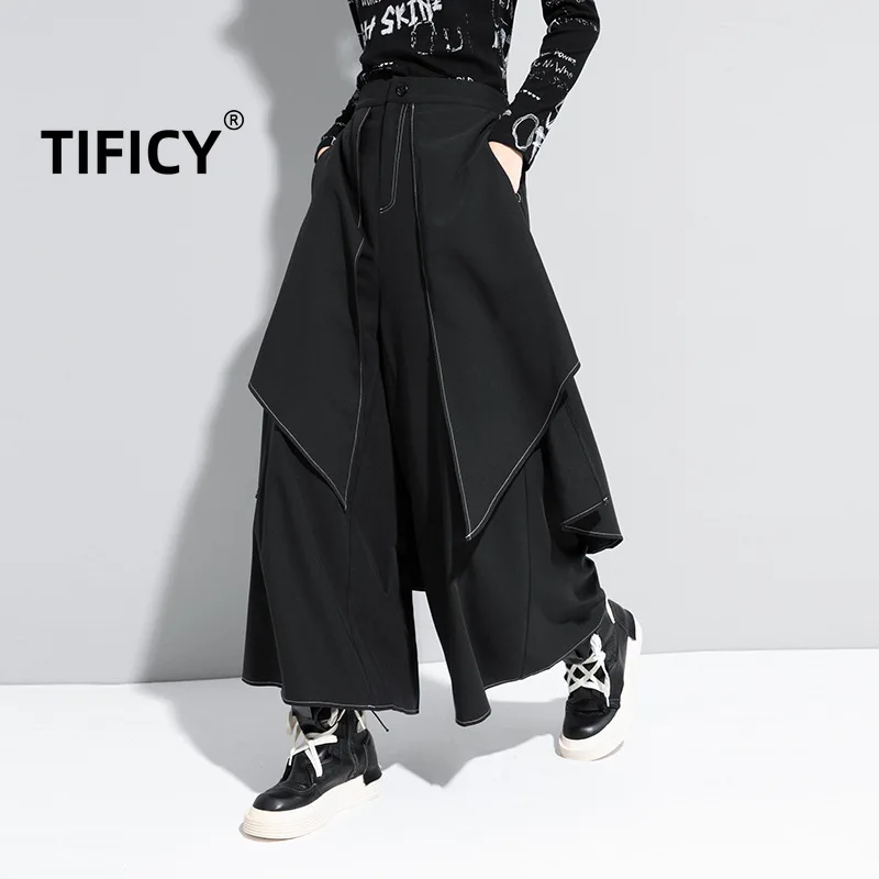 TIFICY Women's New Autumn/Winter Casual Pants Fake Two Piece White Thread Pants Loose Large Street Wide Leg Pants tificy design women s denim half jean skirt women s autumn new personalized hollow out casual comfortable half denim skirts