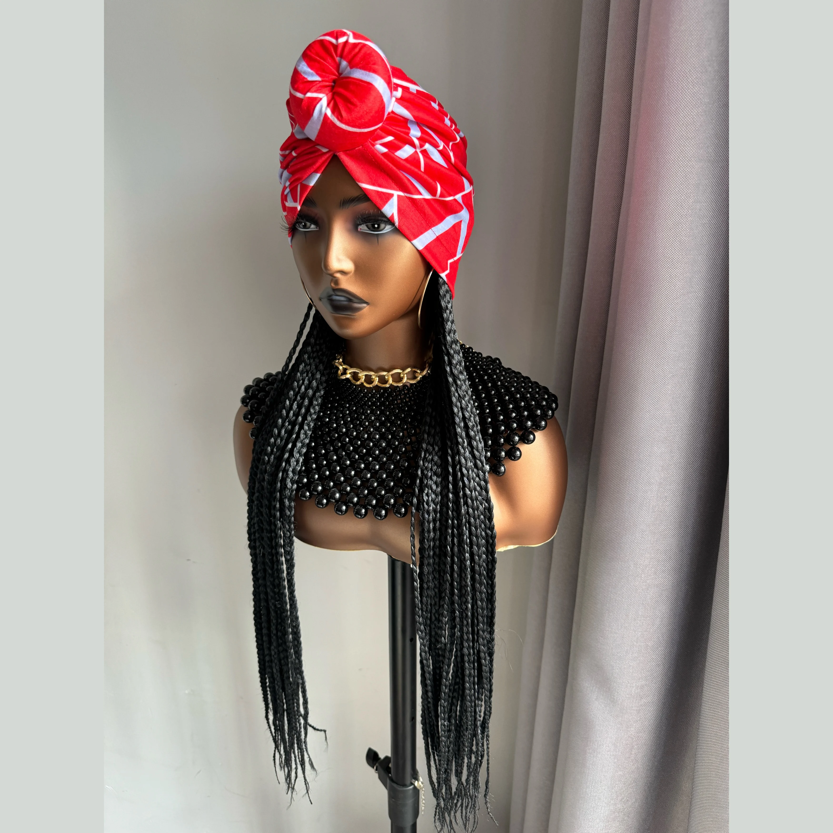 Synthetic Hair Wigs WIGERA Long 24&ldquo; Black Box Braided Synthetic Wig With Headband Turban Hat
