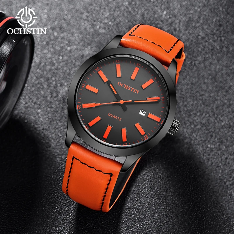 OCHSTIN Mens Watches Top Luxury Brand Waterproof Sport Wrist Watch Chronograph Quartz Military Genuine Leather Relogio Masculino