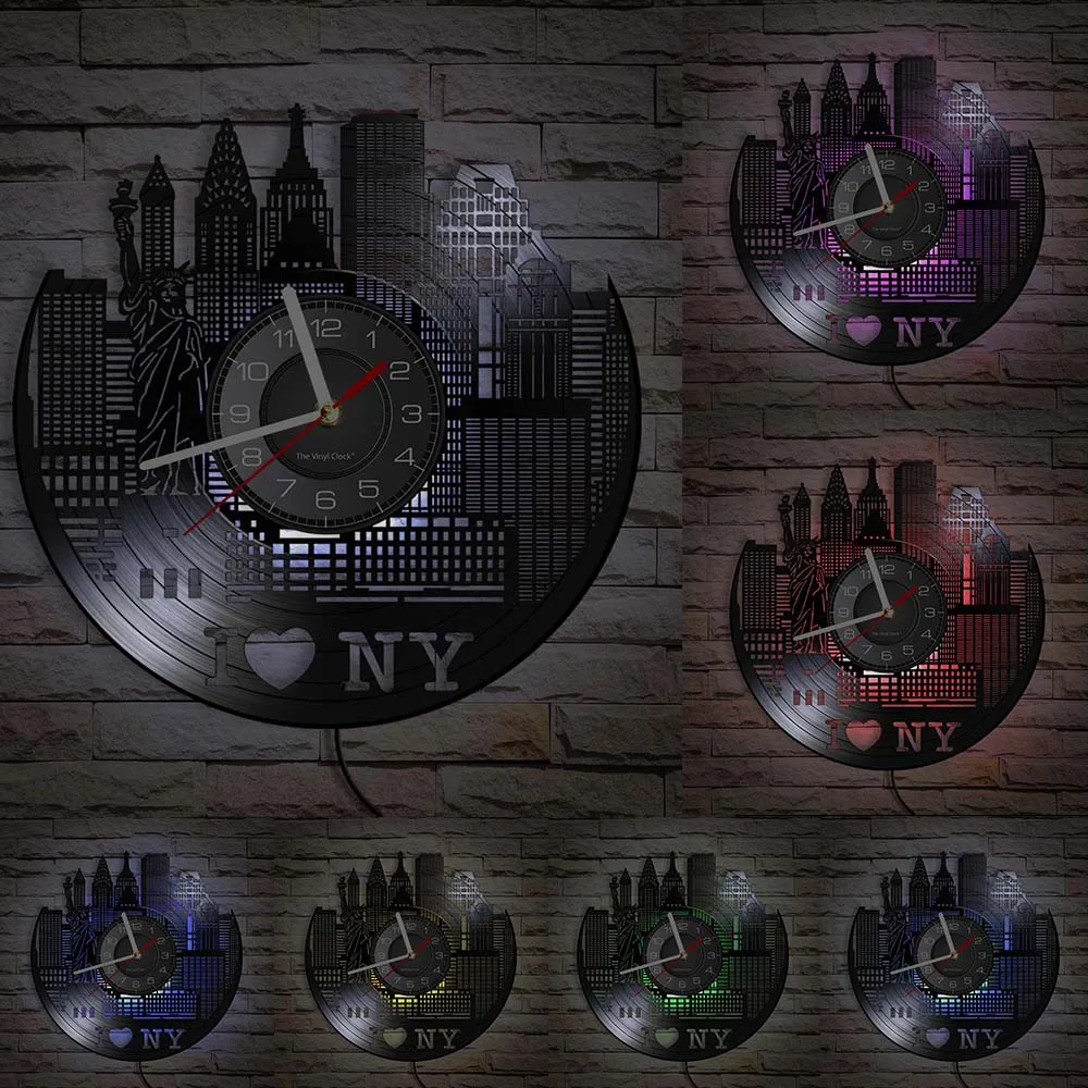 New York Skyline Landmark Statue Of Liberty Vinyl Record Wall Clock Bedroom Office Decor New York Skyscrapers Retro Wall Clock 6