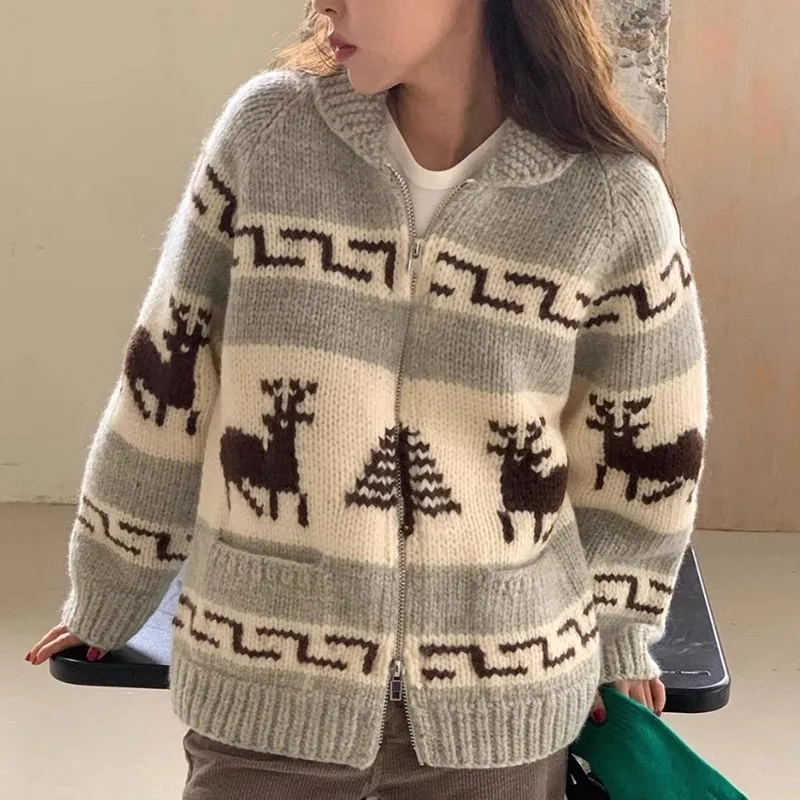 

Chic Knitted Cardigan Women Sweaters Pull Print Zipper Christmas Sweater Temperament Vintage Casual Oversized Sweater Tops