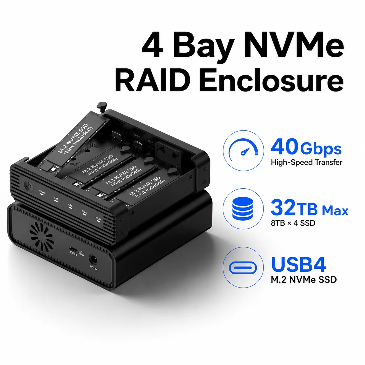4베이 M.2 NVMe SSD 인클로저 USB C 외장 하드 드라이브 케이스 (2230 2242 2260 2280 SSD 호환, 쿨링 팬 포함)